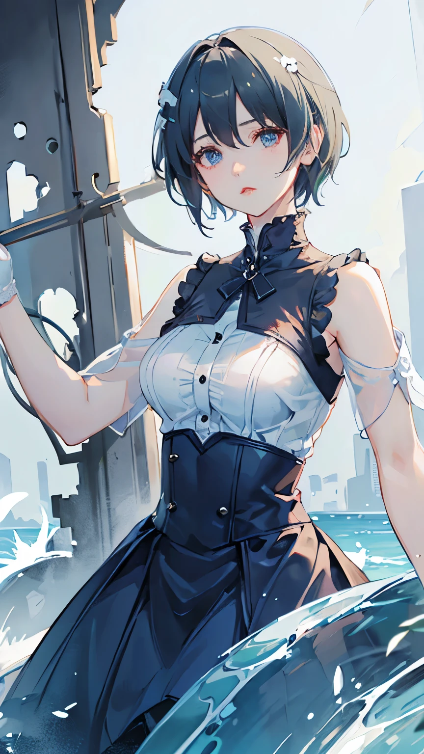 A girl with short white hair with dark blue shades with blue eyes