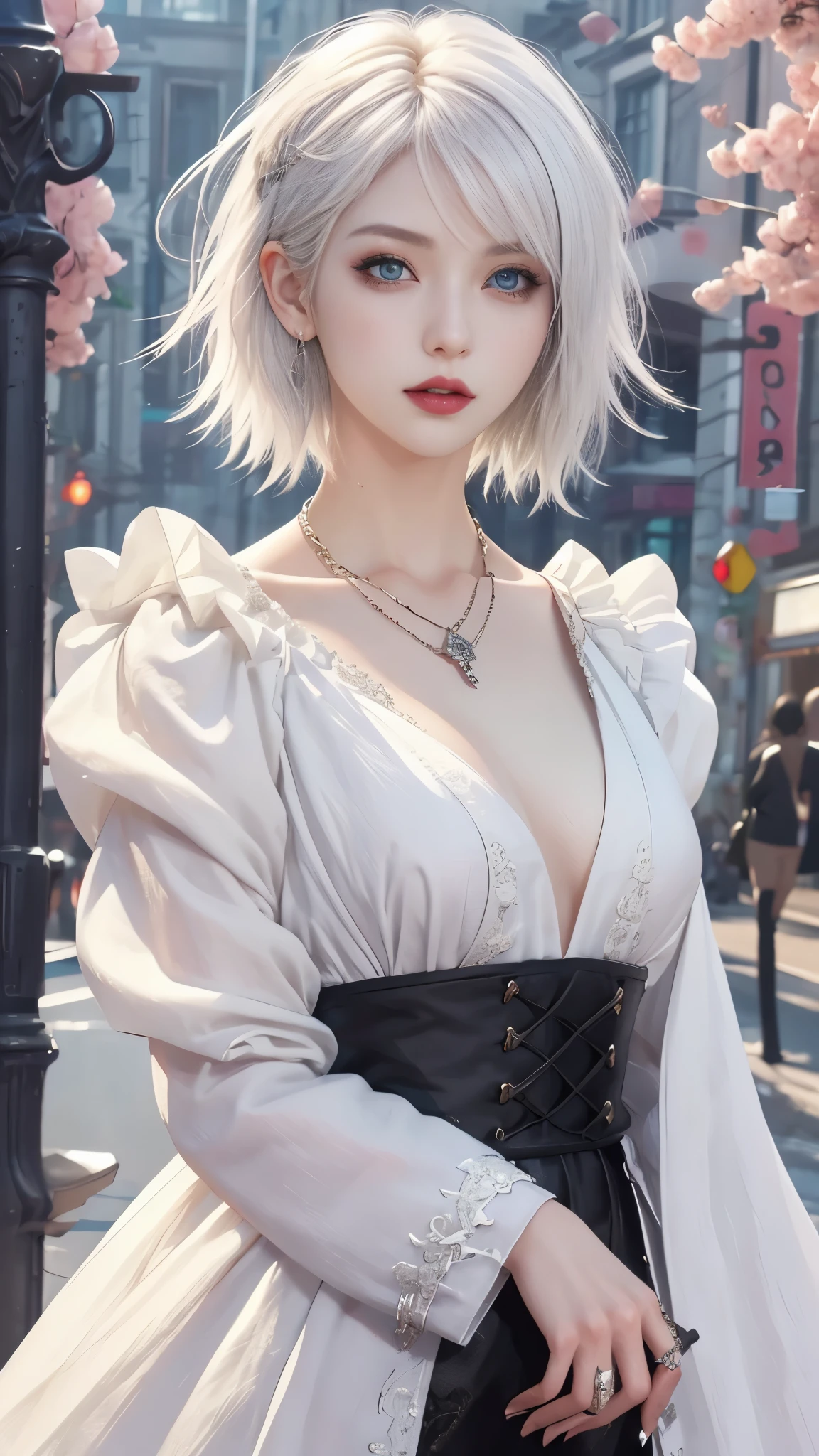 ​masterpiece, top-quality, ((1womanl)), different white color, finely eye and detailed face, intricate detailes, Casual black and white attire, window, A smile, Happiness, tenderness, high-level image quality、selfee, Beautuful Women、tall、a small face, D-cups, The upper part of the body、nightfall, nighttime scene、𝓡𝓸𝓶𝓪𝓷𝓽𝓲𝓬、Korea person, Idol Photos, Model photo, k pop, Professional Photos, Vampires, Korean fashion in black and white, Fedoman with necklace, inspired by Sim Sa-jeong, androgynous vampire, :9 detailed face: 8, extra detailed face, detailed punk hair, ((eyes are deialed)) baggy eyes, Seductive. Highly detailed, semi realistic anime, Vampires, hyperrealistic , Delicate androgynous princess, imvu, ((short hair woman)), white hair woman with wild look, ((Woman with short white hair)), ((1 persons)),