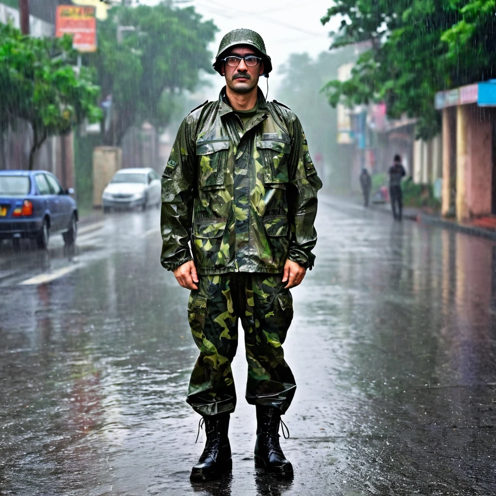 A 40-year-old man, looking at the camera, wearing a camouflage army jacket, camouflage army pants, army lace-up boots, army shooting glasses on his head, his clothes soaked through from the rain.
rain, fog, deserted street, deserted road, noir.