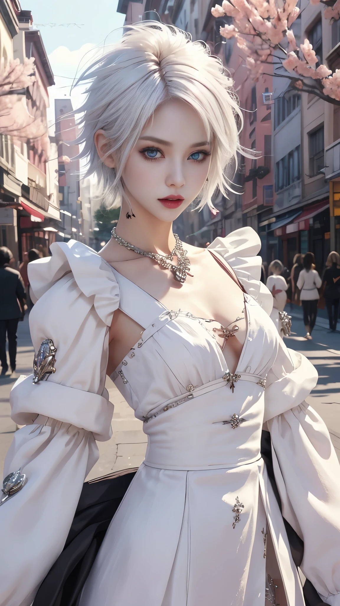 masterpiece, top-quality, ((1womanl)), different white color, finely eye and detailed face, intricate detailes, Casual black and white attire, window, A smile, Happiness, tenderness, high-level image quality、selfee, Beautuful Women、tall、a small face, D-cups, The upper part of the body、nightfall, nighttime scene、𝓡𝓸𝓶𝓪𝓷𝓽𝓲𝓬、Korea person, Idol Photos, Model photo, k pop, Professional Photos, Vampires, Korean fashion in black and white, Fedoman with necklace, inspired by Sim Sa-jeong, androgynous vampire, :9 detailed face: 8, extra detailed face, detailed punk hair, ((eyes are deialed)) baggy eyes, Seductive. Highly detailed, semi realistic anime, Vampires, hyperrealistic teen, Delicate androgynous princess, imvu, ((short hair woman)), white hair woman with wild look, ((Woman with short white hair)), ((1 persons)),