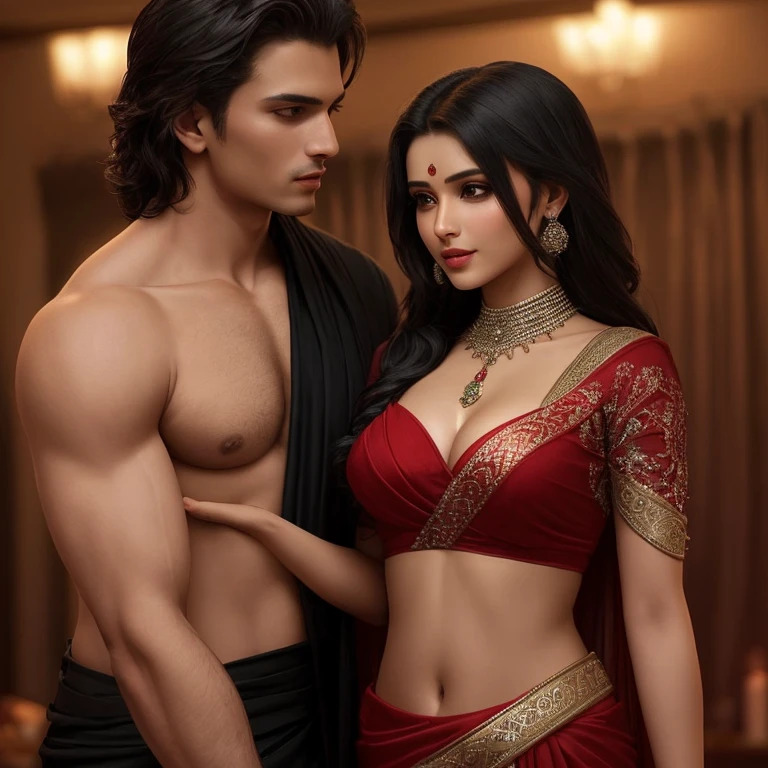 An American man of 37, with charismatic allure, attemptes to captivate a 23-year-old Indian beauty, whose slender frame and perfect body ratio awaken his desires. The young woman dons a vibrant red and black saree, adorned with intricate patterns, adding to her mesmerizing allure. The man positions himself closer to her, reaching out to gently trace the curves of her arm, sending shivers down her spine. The dimly lit room, warmed by the glow of candles, accentuates the Dutch angle and increases the sensuality of the moment. His eyes lock with hers, seductively reporting her gaze. His touch is
