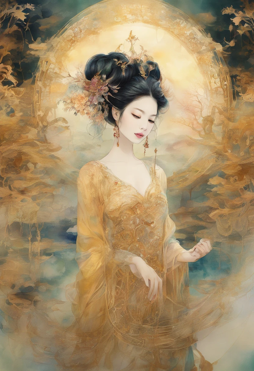 Create image analogue photography, alcohol ink art, mild dark watercolour with gold linear, Prince waiting graceful princess at Chinese palace, Korean