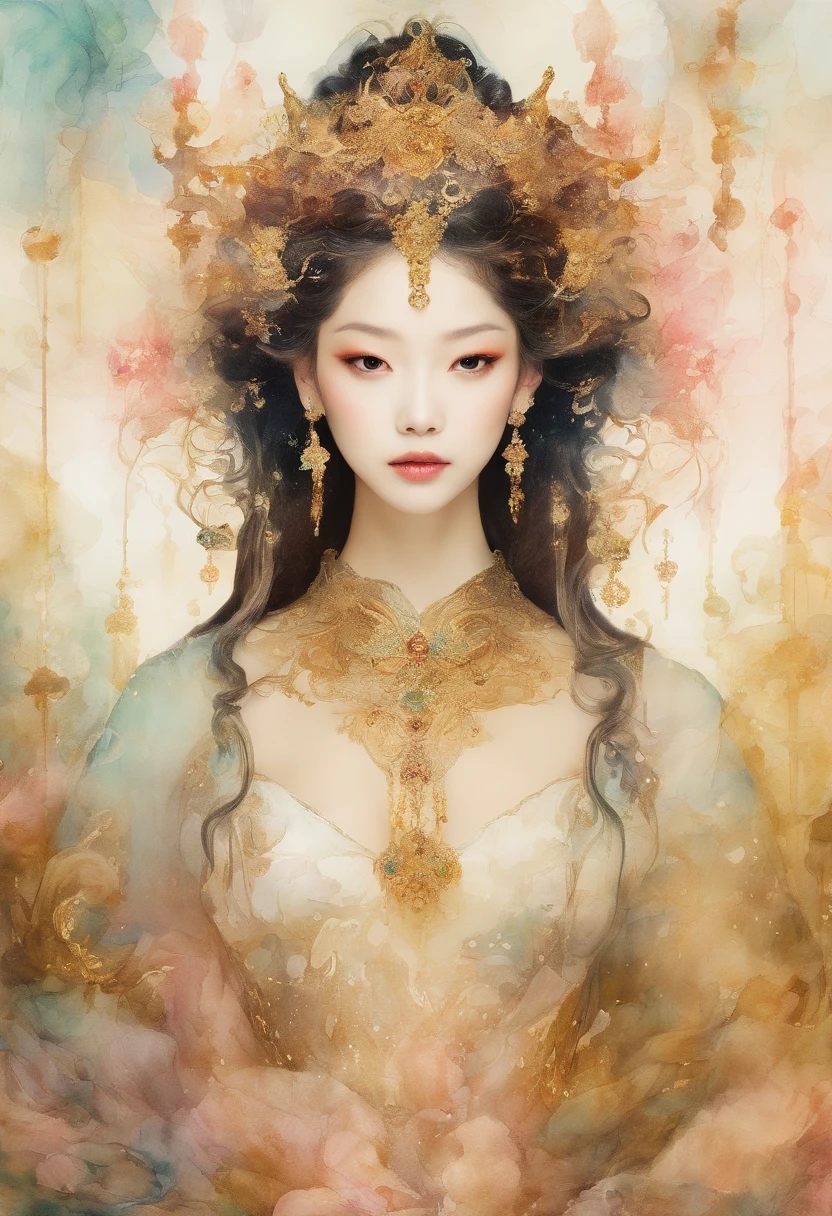 Create image analogue photography, alcohol ink art, mild dark watercolour with gold linear, Prince waiting graceful princess at Chinese palace, Korean