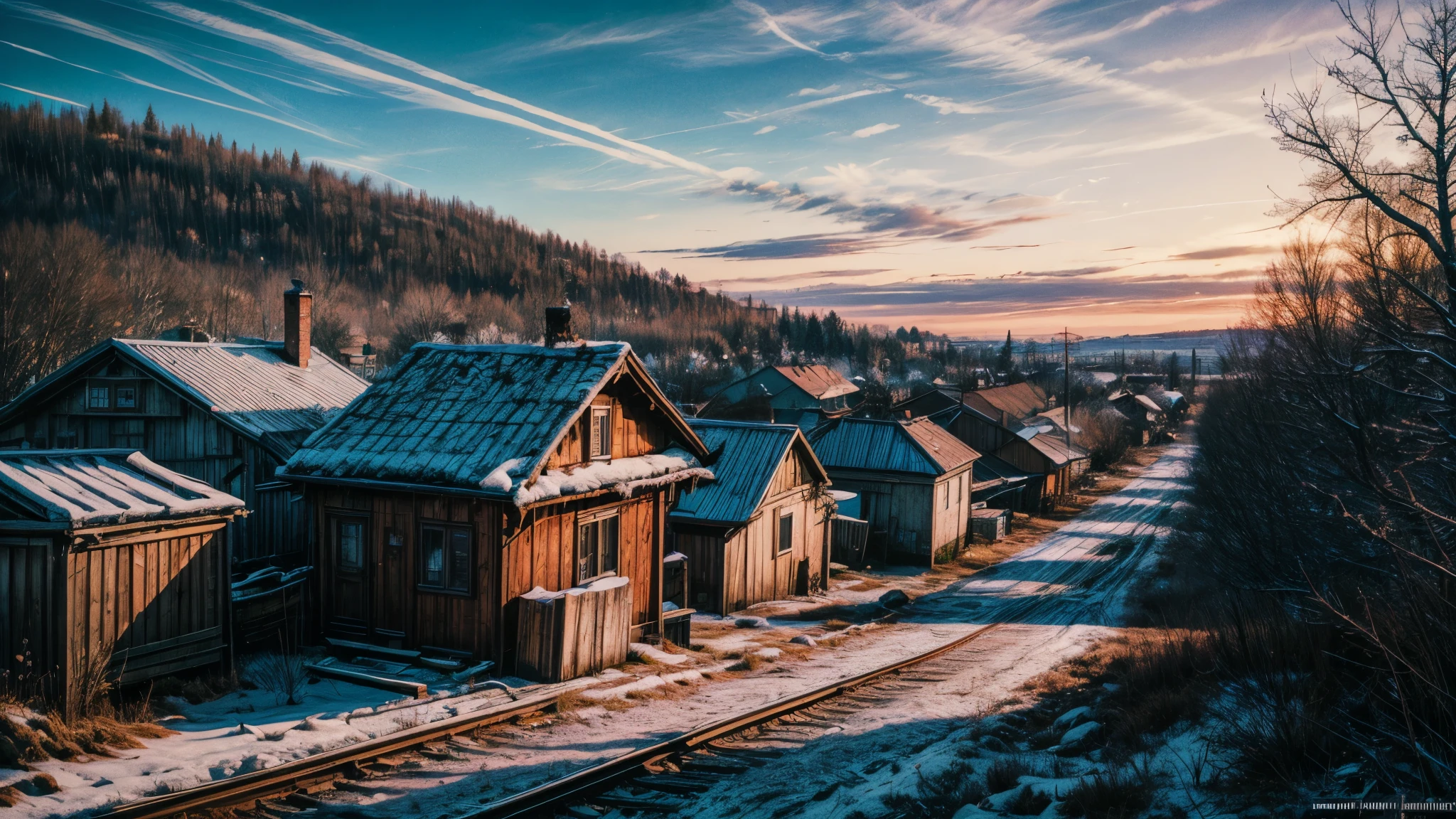  there is a blue house on the side of the tracks, russian village, typical russian atmosphere, soviet suburbs, viewed in profile from far away, photo taken from far away, inspired by Isaac Levitan, russian villages at background, the photo was taken from afar, house on background, magical soviet town, shot from far away, small cottage in the foreground, unusual composition, wide shot, from above, HD, 4K, highres, best quality, award winning, high quality, super detail, masterpiece, ccurate, UHD