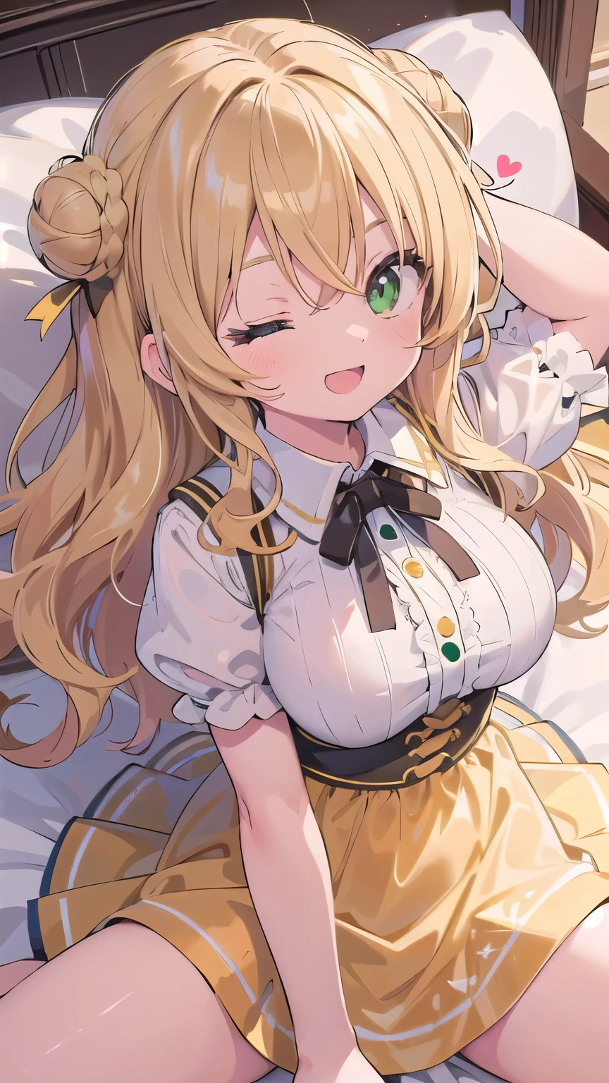 (masterpiece:1.2), (highest quality:1.2), perfect eyes, perfect face, perfect lighting, middle ages, bed, 1 girl, blonde, yellow-green eyes, one eye closed, (((wavy hair))), bun_head, medium hair, Orange idol dress,  cute eyes, open mouth, ((from above)), ((front)), arms behind head , ((spread legs)), ((smile+happy)), spoken heart, ((big breasts))