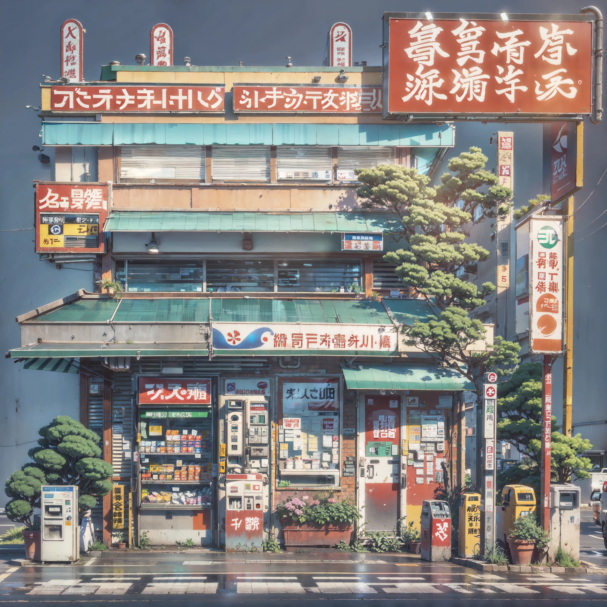 japanese gas station on the corner of a road, shop signs, japanese banners, big japanese signs, street-lights, plant pots, vending machine, nime background, anime wallpaper, anime, anime style, lofi, lofi style, empty street, no one in sight, (no one: 1), best quality, compact buildings, dramatic weather