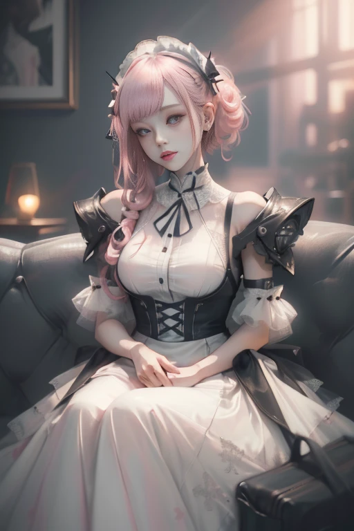 a beautiful maiden,maid dress,Perfect proportions,(light make-up,Pink and moist lips,Sharp eyes,Shoulder length hair),lying on my couch,Definition and sharpness of textures,Two-colored light,White balance,the rule of thirds,futuristic living room,(complicated background),(Photorealistic: 1.4),(Highly detailed),(high resolution),(Best quality),(masterpiece)