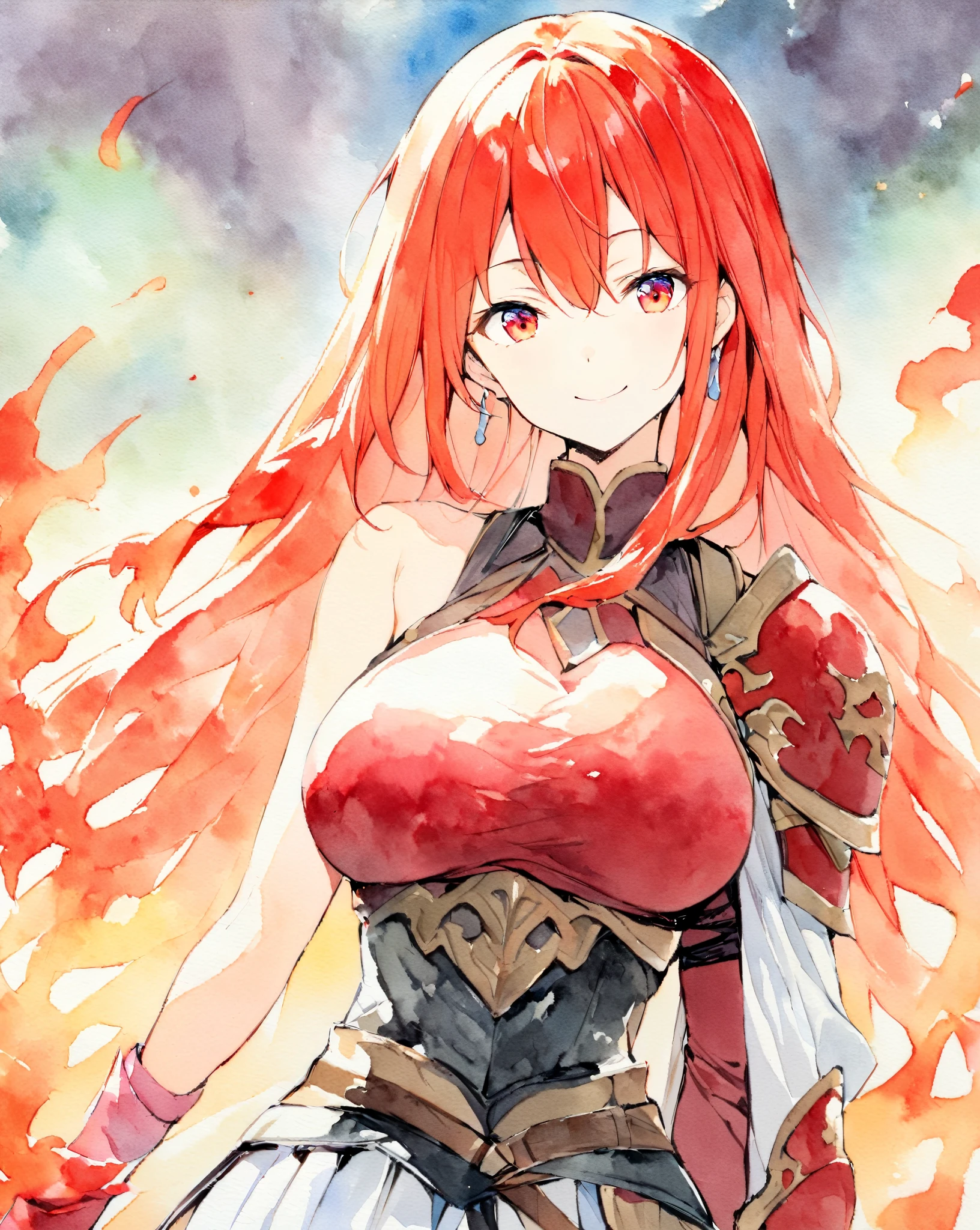 masterpiece, best quality, watercolor (medium), 1 girl, breast, alone, long hair, split, Hair fiery red, red eyes, earrings, Bangs, jewelry, skirt, bare shoulders, sleeveless, hair between eyes, 单pauldron, looking at the audience, large breast, armor, shoulder armor, sleeveless skirt, Upper body, single sleeve, white skirt, pauldron, smile