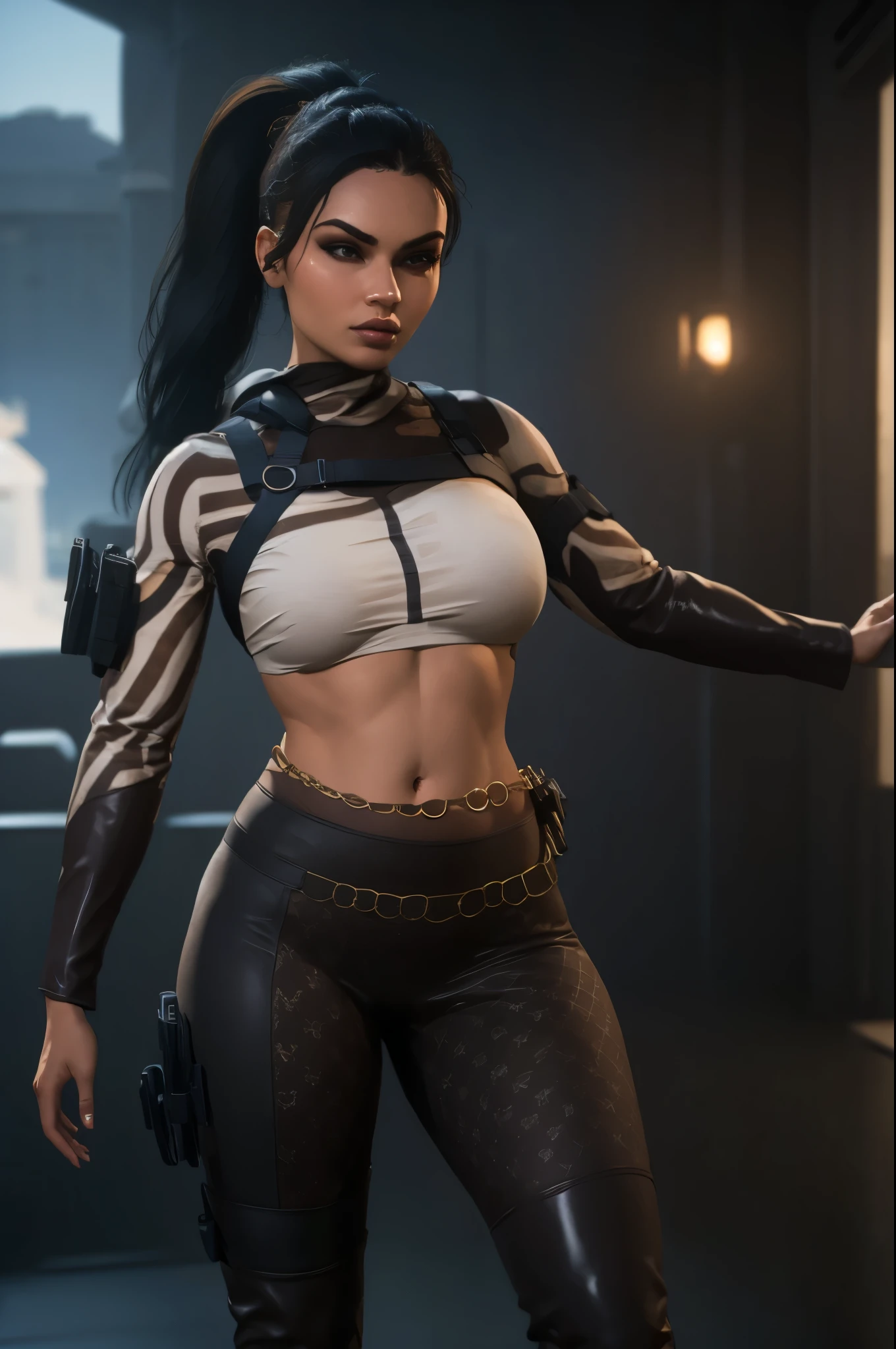 (full body portrait, 1 girl, looking at viewer, highly detailed, anatomy correct:1.4), tactical gear, coffee knee boots, (athletic body:1.3), coffee leggings, jewelry, ponytail hair, ski mask, black hair, ((Best quality, masterpiece, Very beautiful woman)), Depth-of-field, Multi-layered textures, HDR (High Dynamic Range), Ray Tracing, NVIDIA RTX, Unreal 5, Subsurface scattering, PBR Texturing, Post-processing, Anisotropic Filtering, Maximum clarity and sharpness, Wide aperture, Low ISO, White balance, Rule of thirds, 8K RAW, (extremely slutty), (Highly realistic skin), sharp image, (extremely high quality artwork),