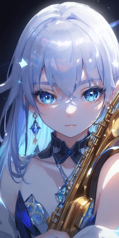 masterpiece, best quality, illustration, saxophone blue, platinum earrings, platinum necklace, white dress, 1 girl, Lovely, (dynamic lighting:1.2), movie lighting, Exquisite facial features, delicate eyes, sharp pupils, realistic student, depth of field, Bokeh, sharp focus, (Super detailed, bloom, glow:1.4), many little gems
