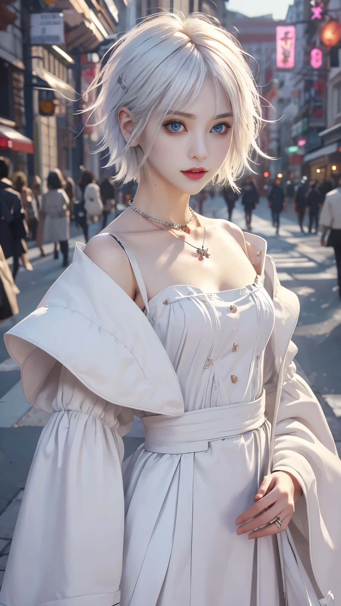 masterpiece, top-quality, ((1womanl)), different white color, finely eye and detailed face, intricate detailes, Casual black and white attire, window, A smile, Happiness, tenderness, high-level image quality、selfee, Beautuful Women、tall、a small face, D-cups, The upper part of the body、nightfall, nighttime scene、𝓡𝓸𝓶𝓪𝓷𝓽𝓲𝓬、Korea person, Idol Photos, Model photo, k pop, Professional Photos, Vampires, Korean fashion in black and white, Fedoman with necklace, inspired by Sim Sa-jeong, androgynous vampire, :9 detailed face: 8, extra detailed face, detailed punk hair, ((eyes are deialed)) baggy eyes, Seductive. Highly detailed, semi realistic anime, Vampires, hyperrealistic teen, Delicate androgynous princess, imvu, ((short hair woman)), white hair woman with wild look, ((Woman with short white hair)), ((1 persons)),