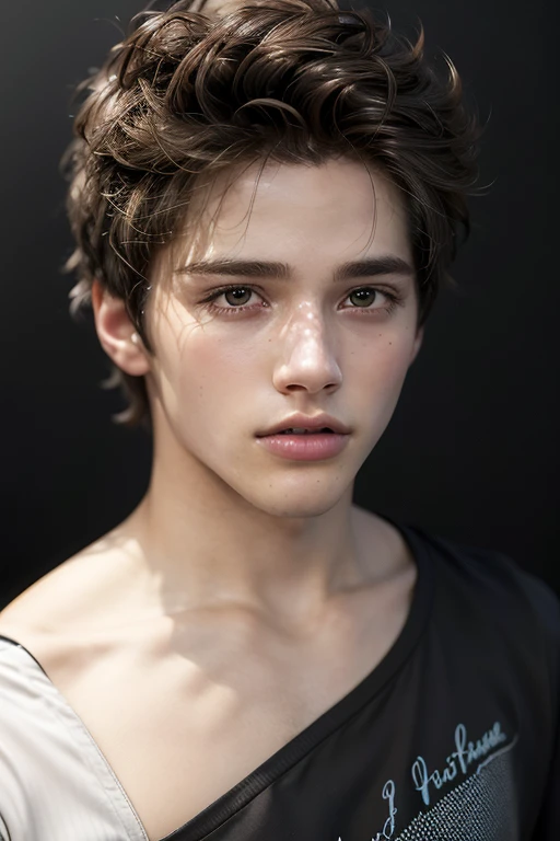Beautiful boy, cute, detailed black eyes, straight black hair, depth of field, high resolution, ultra detail, face close up, Realistic skin texture, black t-shirt, Glossy hair and skin