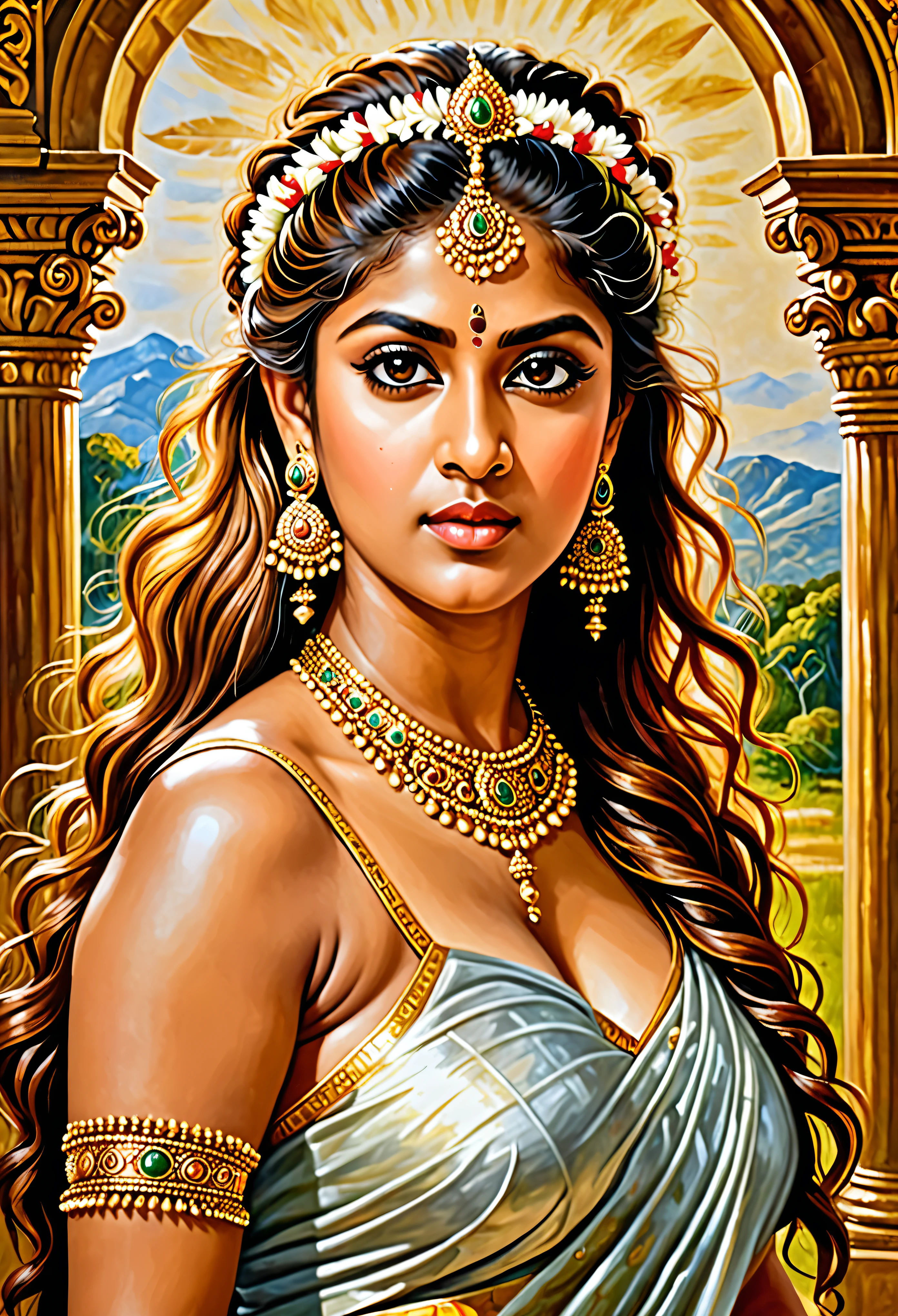 Looks like Nayanthara, exotic Indian art, oviyar maruthi style painting, Masterpiece, Beautiful Thick Woman, Best quality, high clarity eyes, critically flawless,sharp picture, Full portrait, High pixels, perfect face, perfect eyes, beautiful face, perfect hands,perfect fingers, in Peter Paul Rubens style, by Peter Paul Rubens, baroque style, acrylic on canvas, highly detailed, description: "Create a nymph inspired by the tales of Greek or Roman mythology, embodying the essence of a natural element or location, and possessing a unique ability or trait that sets her apart."
