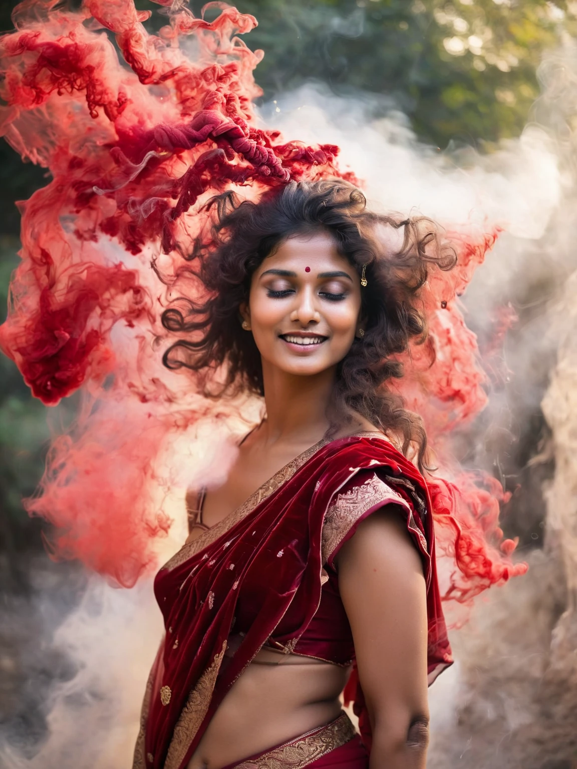 Beautiful women, age around 29, wearing a red sari, velvet cloth, open hair, backlight, smoke from the background, her hair are tangled with lightening colored smoke in the air, closed eyes, smiling face, innocent women