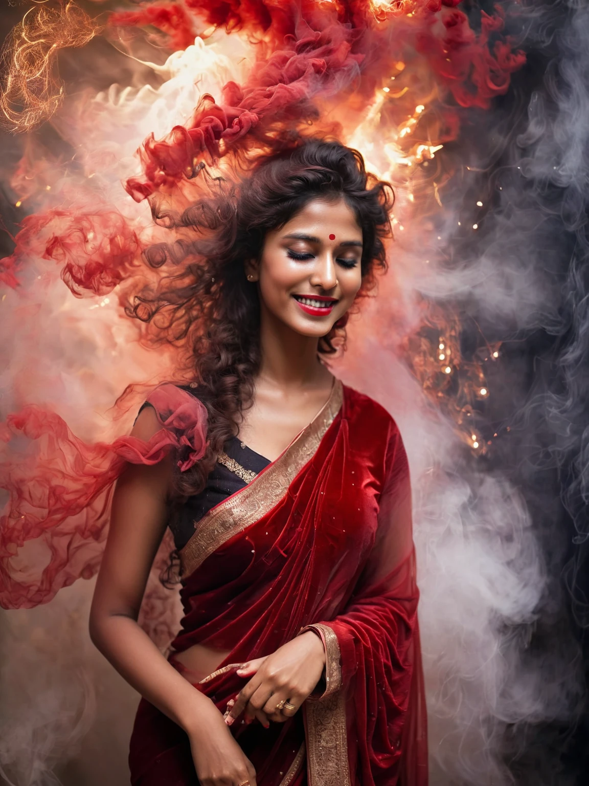 Beautiful women, age around 29, wearing a red sari, velvet cloth, open hair, backlight, smoke from the background, her hair are tangled with lightening colored smoke in the air, closed eyes, smiling face, innocent women