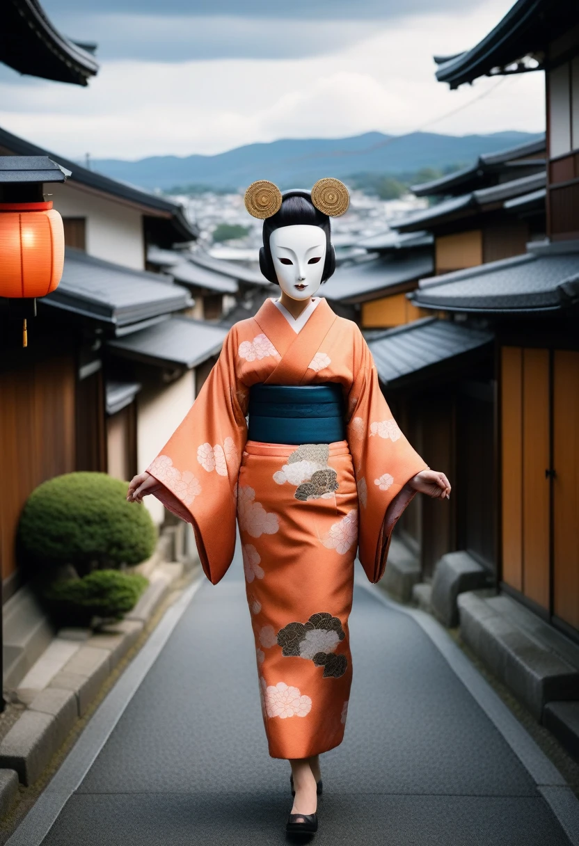 Image generation of a woman wearing a beautiful kimono walking through the streets of Kyoto. The style is horror, and the fusion of humans and robots has a mysterious and eerie atmosphere amidst the beauty. In the background is an old Japanese townscape. It has a long neck made of machinery and wears a mask. Imagine a strange and creepy image --ar 9:16
