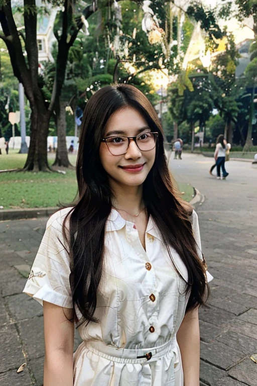 Create a photorealistic image. A picture of a pretty 30 year old Malaysian woman. She has long hair and is wearing glasses. She is standing in a park and smiling.