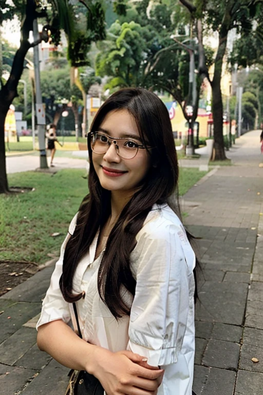 Create a photorealistic image. A picture of a pretty 30 year old Malaysian woman. She has long hair and is wearing glasses. She is standing in a park and smiling.