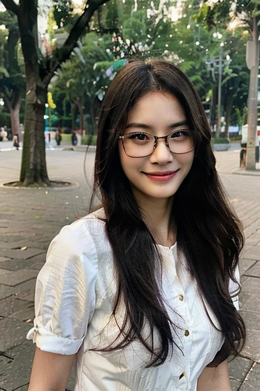 Create a photorealistic image. A picture of a pretty 30 year old Malaysian woman. She has long hair and is wearing glasses. She is standing in a park and smiling.