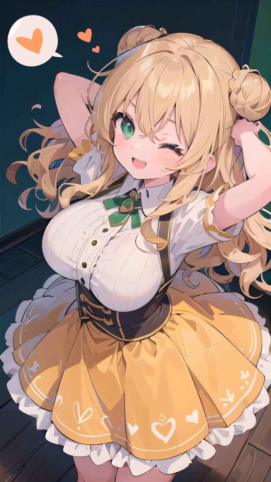 (masterpiece:1.2), (highest quality:1.2), perfect eyes, perfect face, perfect lighting, middle ages, bed, 1 girl, blonde, yellow-green eyes, one eye closed, (((wavy hair))), bun_head, medium hair, Orange idol dress, cute eyes, open mouth, ((from above)), ((front)), arms behind head , ((smile+happy)), spoken heart, ((big breasts)), Are standing