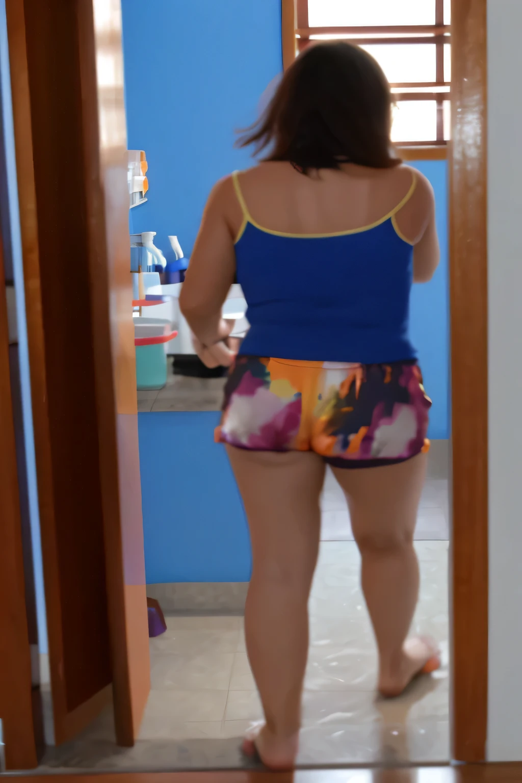 there is a woman standing in a doorway in a blue t-shirt, wearing a multicolored t-shirt and shorts, in shorts, wearing a tank top and shorts, dressed in a tank top and shorts, full body distant view, full body view, short shorts, photo side view, view behind the mirror, photo from the middle of the waist up, colorful clothing. A woman wearing a blue tank top and colorful shorts stands in the bathroom, looking at the counter. She appears to be focused on something or possibly taking a shower. The bathroom has a sink, table and miscellaneous items. Woman 1.65 m tall, weighing 54 kilos, in good physical condition, in good shape, wearing: tank top, high quality, high resolution, 8k.