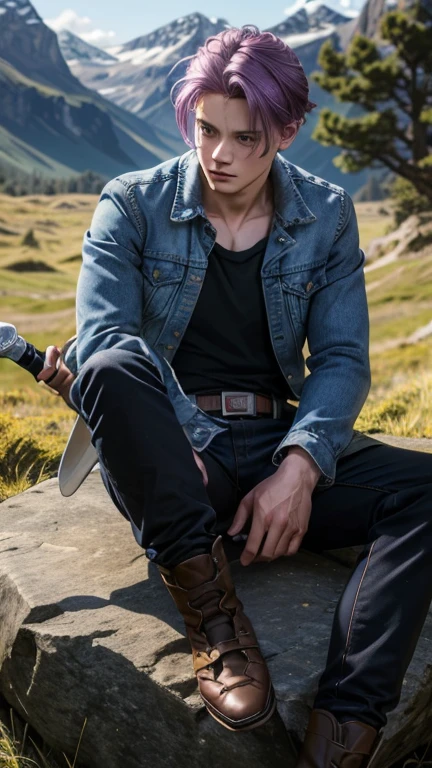 best quality, best quality, TrunksV4, blue eyes, shirt, 1boy, sitting, jacket, weapon, purple hair, male focus, boots, outdoors, sky, belt, pants, sword, blurry, black shirt, looking away, expressionless, grass, serious, denim jacket,  