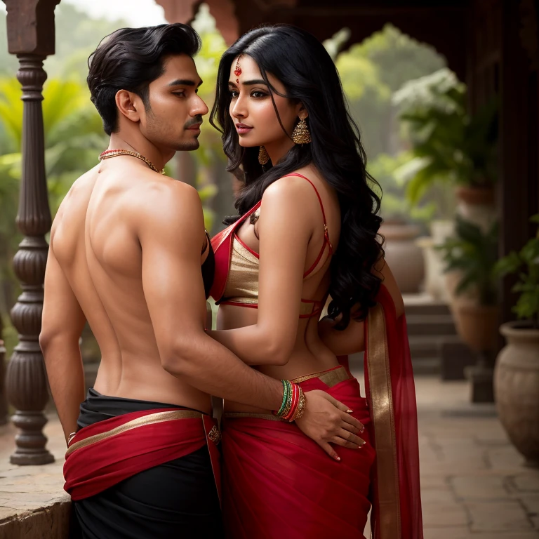 An Indian beauty of 21, radiating youth and allure, stands confidently wearing a vibrant red and black traditional saree. The saree drapes elegantly around her slender waist, revealing a backless blouse that exposes her seductive back. Her long, raven black hair cascades down her shoulders, adorning her delicate features. Her almond-shaped eyes, filled with desire, capture the intent gaze of a man, aged 37. He inches closer, his hands trembling, trying to seduce her with a gentle touch on her exposed waist. This tantalizing scene unfolds with an air of intrigue, the warm Indian sunlight casting a golden glow on