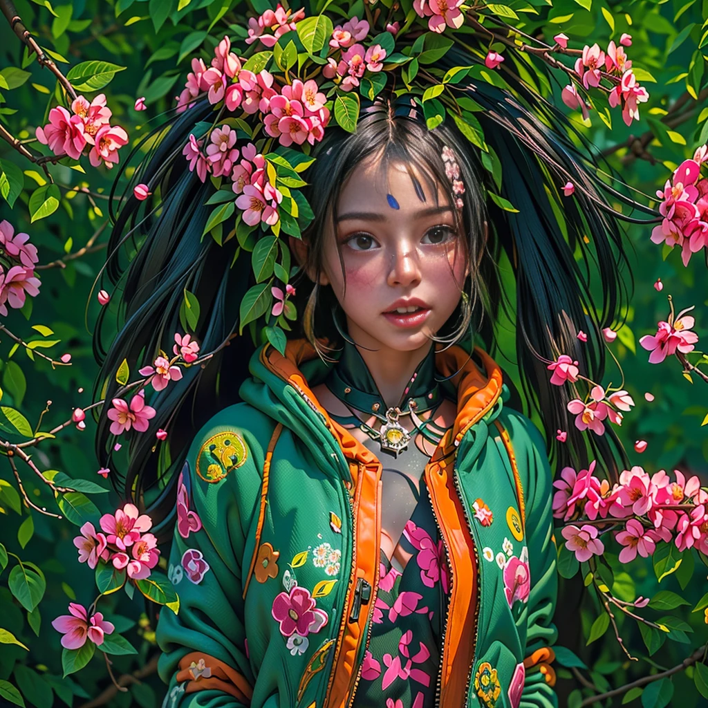 (1 girl - open face), full height, charming). (pretty young black girl, black hair), (green: 1.5, orange: 1.1, white: 1.3, yellow: 1.3) , (very sexy girl rapper with dreadlocks), (tattoos), (naked body parts), (down jacket: 1,2), (Jacket on the naked body, thong, short tank top). (fractal, Cherry blossoms, green leaves, Fog, circle background).((skulls, flowers, fruits)).(Perfect composition, beautiful detailed complex insanely detailed octane render trending on artstation), (8k art photography, photorealistic concept art), (soft natural volumetric cinematic perfect light, chiaroscuro, award-winning photography), (masterpiece).
