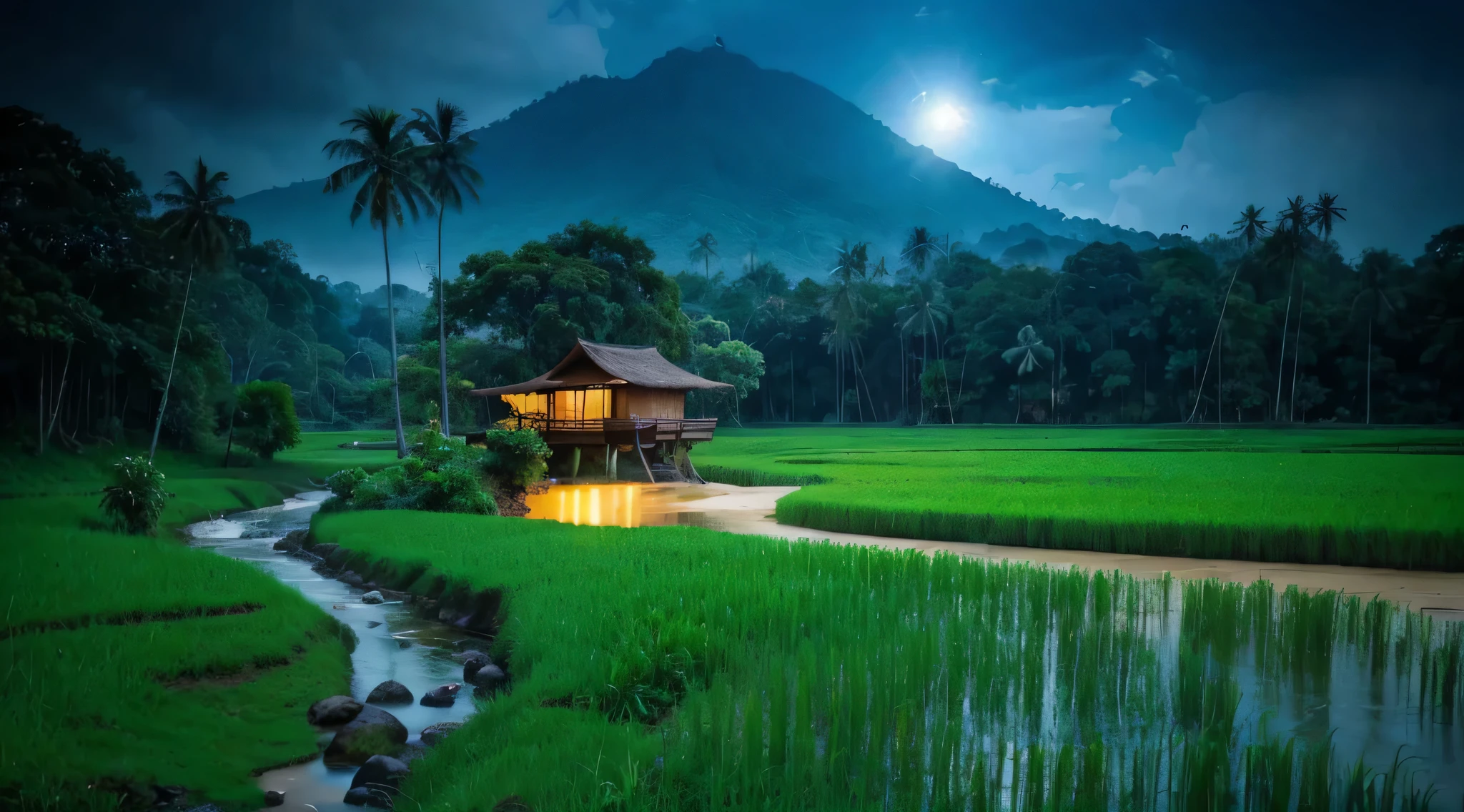 Pemandangan di Jawa barat tahun 1800, rumah kayu sederhana di tepi sungai yang deras berbatu yang air nya biru. banyak rumpun bambu besar, pohon-pohon tropis besar dan lebat, foliage yang rimbun, bark, ada pohon yang mati, ada daun yang menguning. latar belakang gunung berapi berkabut, cahaya matahari yang dramatis, muted pallete color.