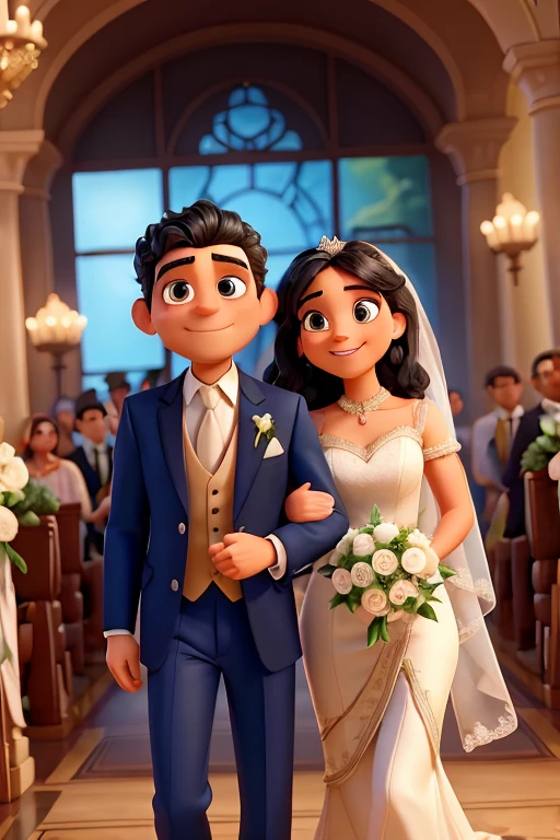A Disney  man with black hair and beard and the woman by wearing with black curl hair, the man wearing a black suit and the bride wearing a white dress, the scene should be in the distinct digital art style of pixar, a eiffel tower in the backgrounds focusing love with Disney 