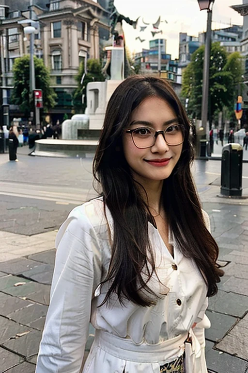 Create a photorealistic image. A picture of a pretty 30 year old Malaysian woman. She has long hair and is wearing glasses. She is standing in Trafalgar Square surrounded by pigeons. She is looking at the camera and smiling.