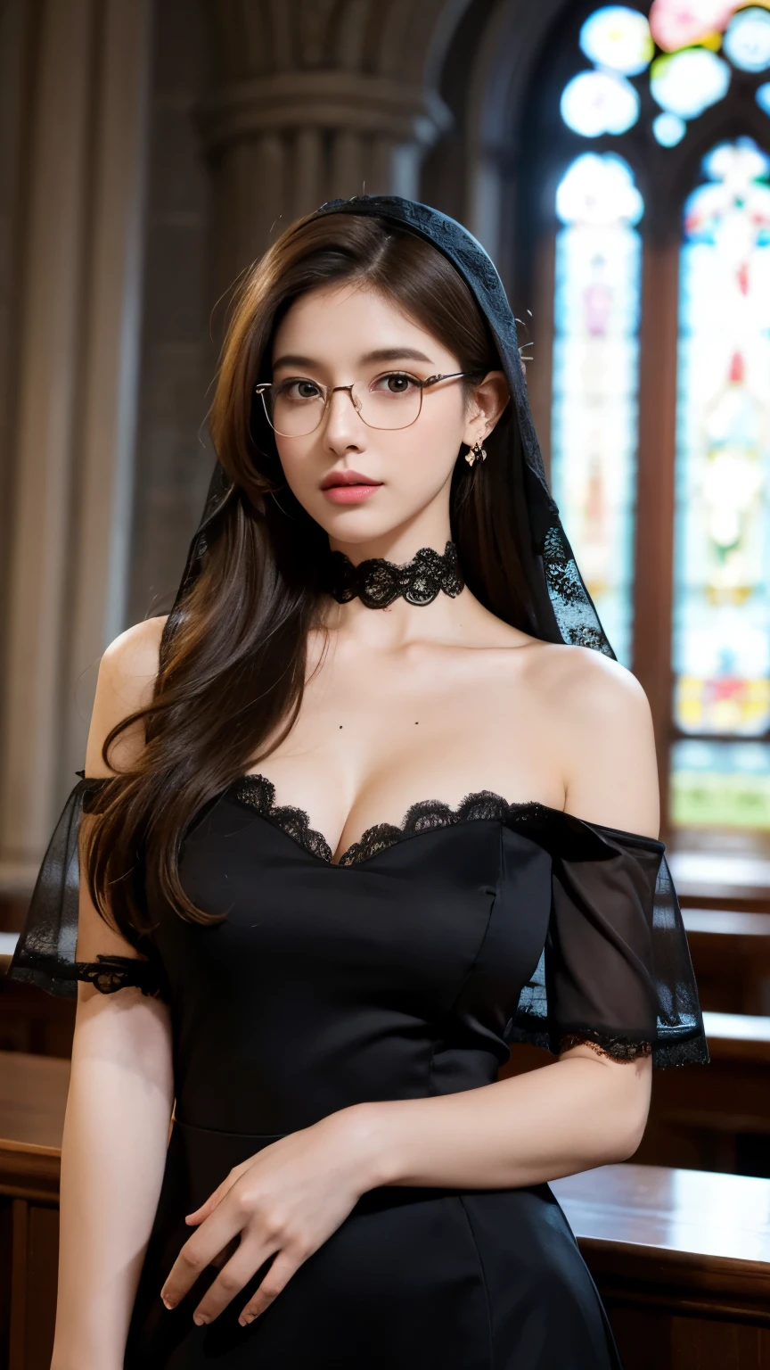 1girl, solo, long hair, breasts, large breasts, brown hair, dress, cleavage, brown eyes, jewelry, collarbone, upper body, short sleeves, earrings, frills, parted lips, glasses, choker, indoors, hand up, mole, blurry, black dress, lips, blurry background, veil, lace trim, lace, mole on breast, realistic, nun, church