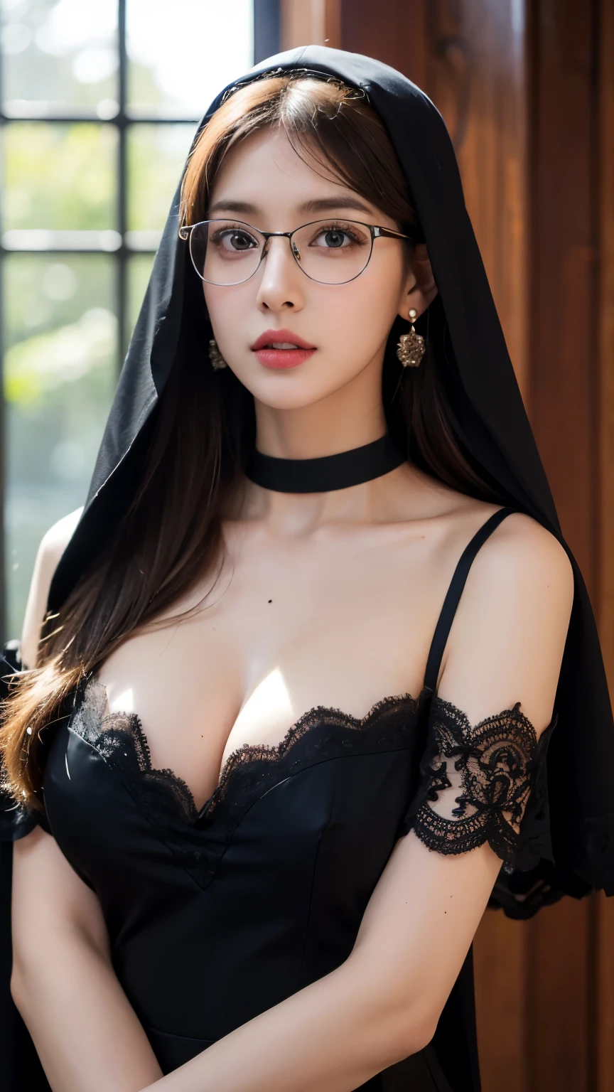 1girl, solo, long hair, breasts, large breasts, brown hair, dress, cleavage, brown eyes, jewelry, collarbone, upper body, short sleeves, earrings, frills, parted lips, glasses, choker, indoors, hand up, mole, blurry, black dress, lips, blurry background, veil, lace trim, lace, mole on breast, realistic, nun, church