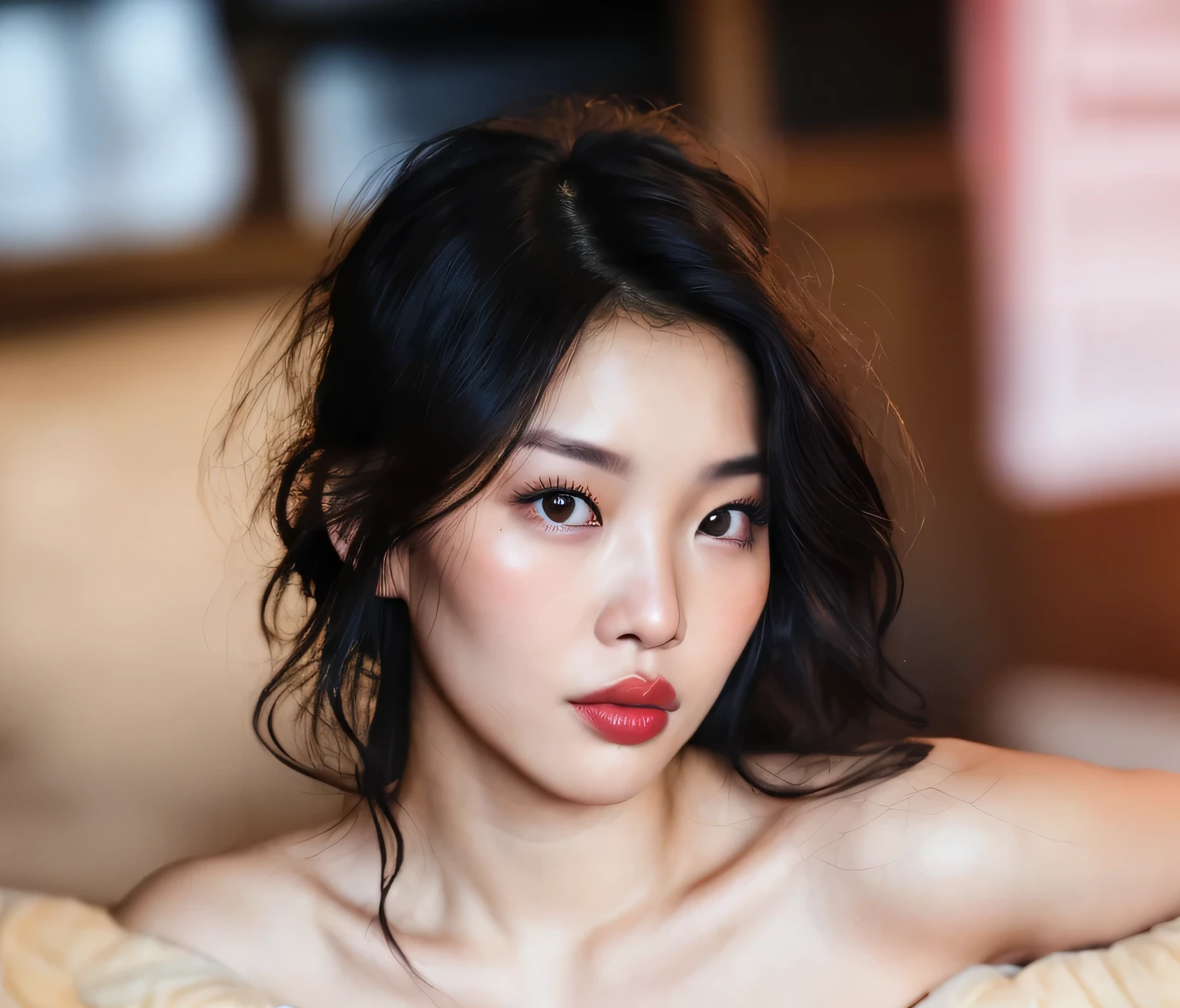 gritty candid raw portrait, close-up photo of a young 30 year old beautiful, big lips, full body, high cheekbones, playful, Korean mixed race, busty, realistic skin texture, Chinese girl, long hair
