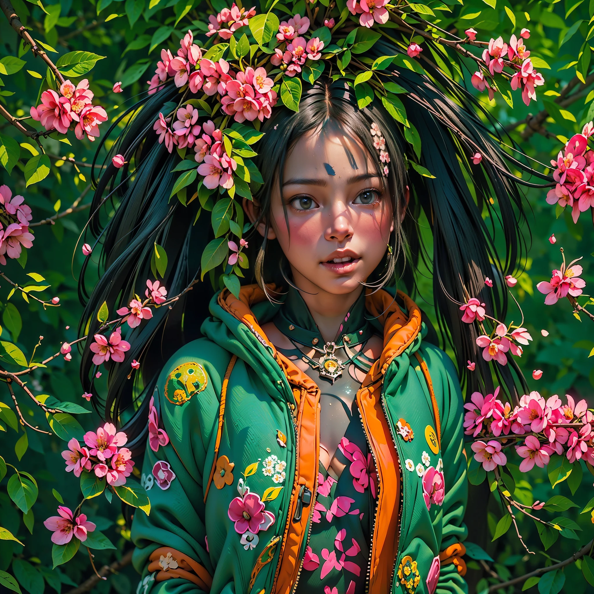 (1 girl - open face), full height, charming). (pretty young black girl, black hair), (green: 1.5, orange: 1.1, white: 1.3, yellow: 1.3) , (very sexy girl rapper with dreadlocks), (tattoos), (naked body parts), (down jacket: 1,2), (Jacket on the naked body, thong, short tank top). (fractal, Cherry blossoms, green leaves, Fog, circle background).((skulls, flowers, fruits)).(Perfect composition, beautiful detailed complex insanely detailed octane render trending on artstation), (8k art photography, photorealistic concept art), (soft natural volumetric cinematic perfect light, chiaroscuro, award-winning photography), (masterpiece).