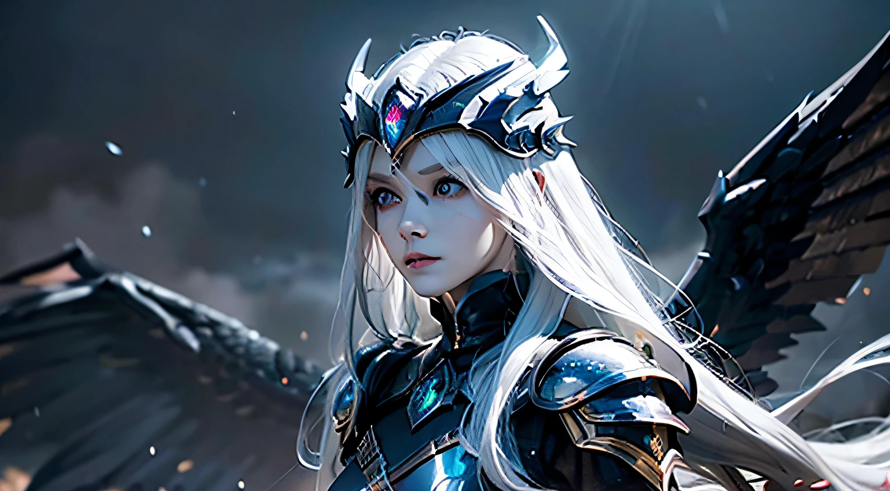 Masterpiece, ultRahigh Resolution, 8k,  chariot_of fire falling angels, demon wings  , male character, dark lighting, Strong wind on hair, sinister environment , mysterious, ghostly fog , hideous, ValkyrieProfileHelmet, helmet extremely detailed, Feathers on the helmet, Dragon Armor detailed, armor detail-oriented, Armor Black, jewel encrusted, ametista crystal, quartzo Crystal, dark quartz crystal ((demon face)) Realistic, white hair, long hair, straight hair, Valkyrie_profile_helmet_