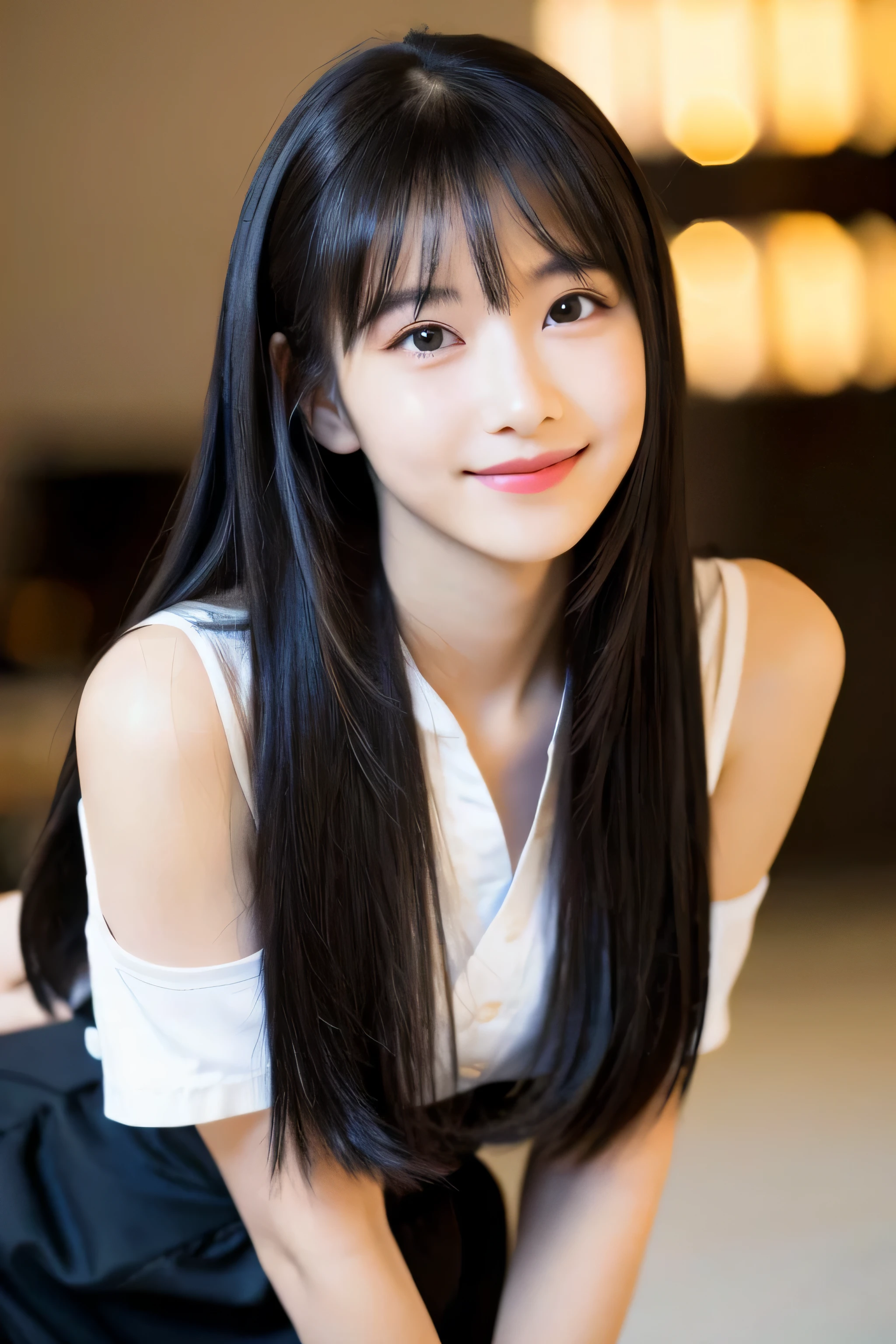 ((highest quality)), ((masterpiece)), (be familiar with) ((whole body)) one person ((Swayback stance)) (full body) The hairstyle is(Blunt Bangs) long black shiny hair, very long black hair, shiny long hair, Thick, shiny black hair, The woman has long black hair, black silky hair, long black hair, long black hair, black long hair, her hair is long and straight, long and thin black hair, detailed long black hair long black hair, long black hair, black long hair I'm on a rock overlooking the blue ocean with bright sunlight Beautifull detailed face 8K (actual, lively:1.4), professional lighting double eyelid、chest to chest、sharp focus:1.2、Beautiful woman:1.4 (Impish Smile Mischievous、A slightly devilish smile)
She is an 18 year old high school girl The correct five fingers in human anatomy