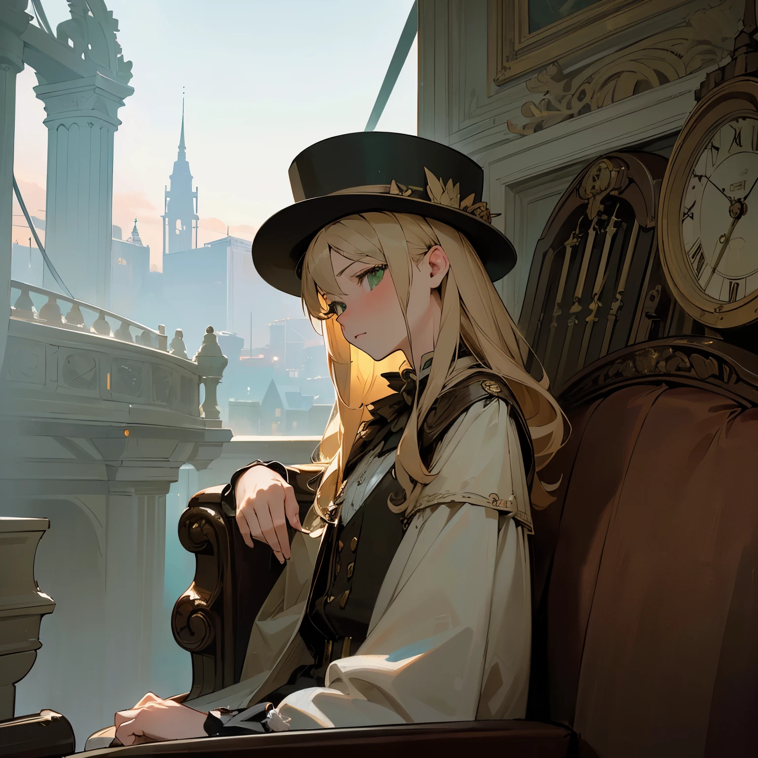 (((Masterpiece, High Quality, Best Quality, High Resolution, Center of Close-up Shot, Realistic, Siesta, One Girl, A -yeld yo girl, 171 cm tall, medium length blond-sandy hair, beautiful green eyes, Stacked Books, Sofa))),Impermanence,Hermann Hesse,No People in Frame,Eaves,First-Person View,Evening,Low Clouds,Thin Clouds,Sun Setting,Silence,Serenity,Accumulated capital,Wall Clock,Steampunk,Ephemeral,Illusion,Hope for Tomorrow,Better clothing,detailed clothing,perfect clothes