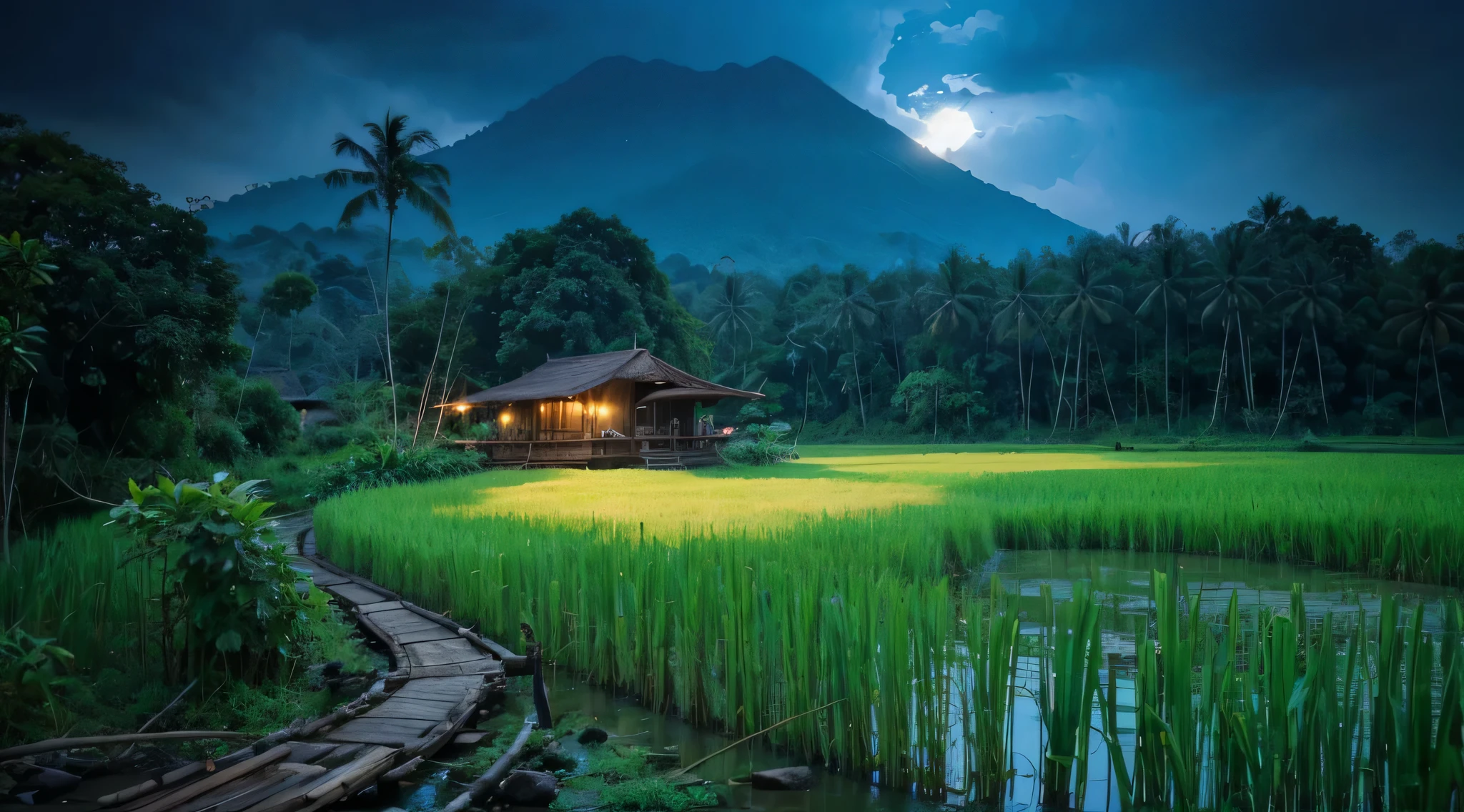 Pemandangan di Jawa barat tahun 1800, rumah kayu sederhana di tepi sungai yang deras berbatu yang air nya biru. banyak rumpun bambu besar, pohon-pohon tropis besar dan lebat, foliage yang rimbun, bark, ada pohon yang mati, ada daun yang menguning. latar belakang gunung berapi berkabut, cahaya matahari yang dramatis, muted pallete color. 