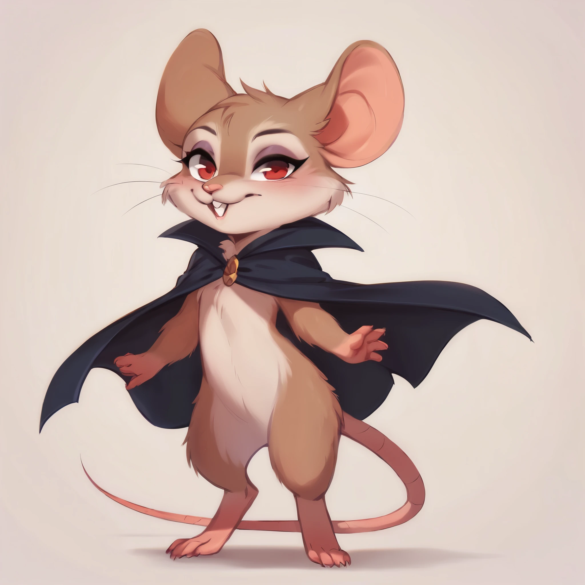 score_9, score_8_up, score_7_up, score_6_up, score_5_up, score_4_up, show accurate, full body, hungry body, simple background, (solo), (semi anthro), mouse, female mouse, fur body, ultra fine fur, standing, red eyes, (light brown dull fur), red color open cape, legs and arms with leather strips, thief appearance,