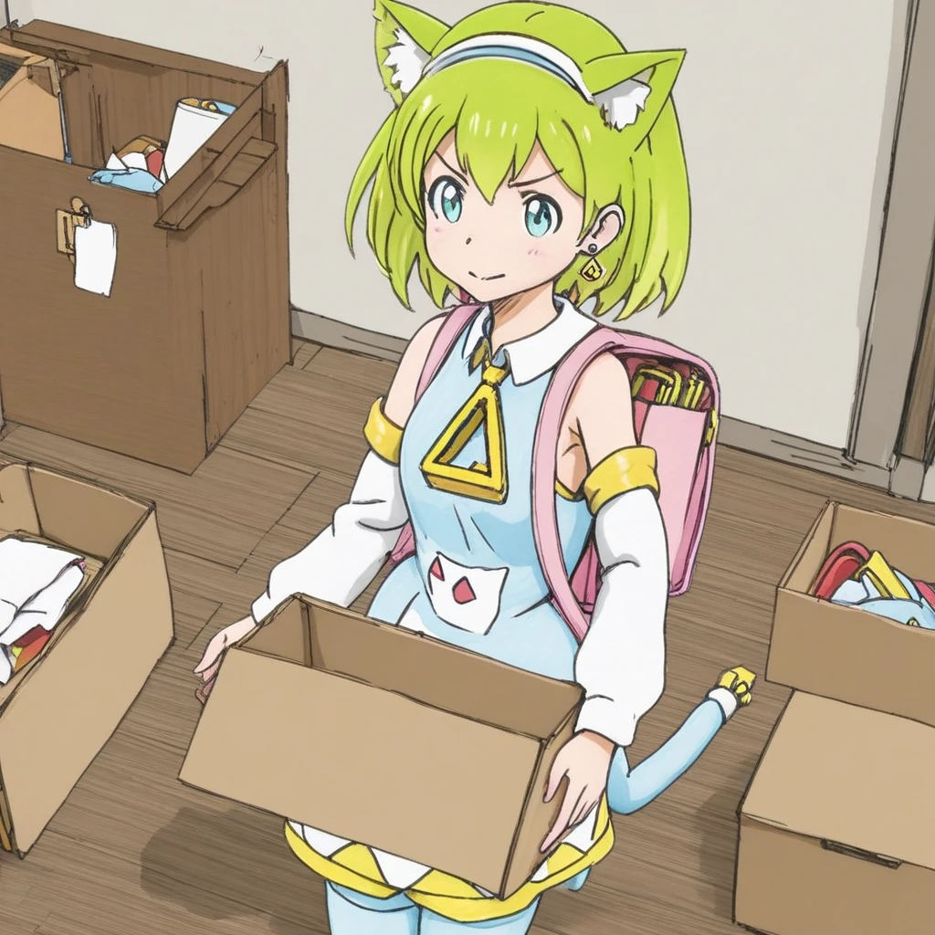 1 girl,Deltamon,blue tail,moving、room、tidying up、cardboard、Triangular items