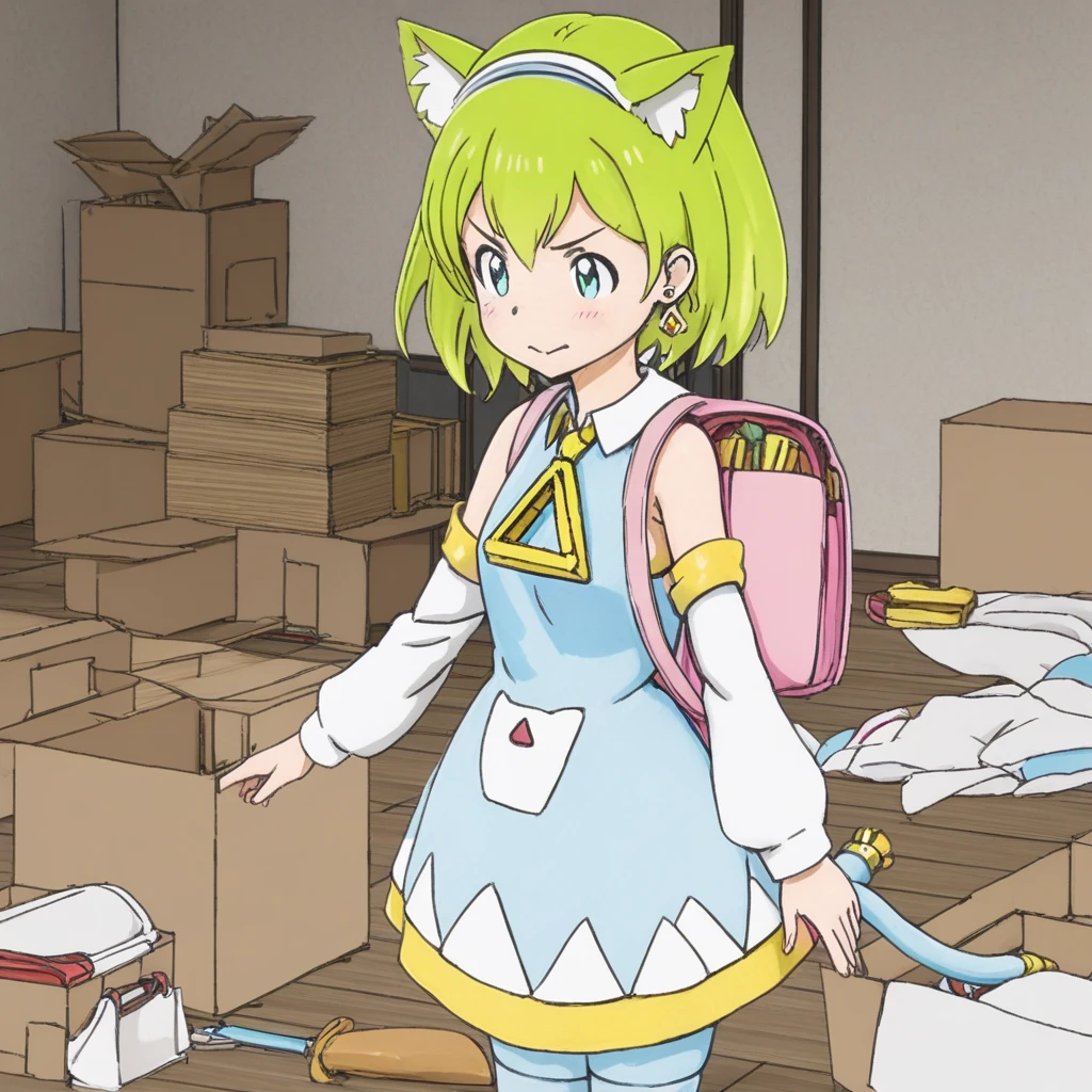1 girl,Deltamon,blue tail,moving、room、tidying up、cardboard、Triangular items