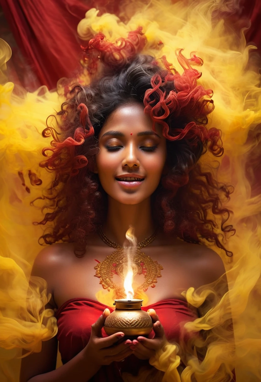 a close-up of a woman holding a letting oil lamp in her hands, Hindu aesthetic, beautiful digital artwork, Indian goddess, beautiful digital illustration, stunning digital illustration, beautiful character pictures, beautiful goddess, art germ, beautiful lit, glowing flowing hair, wearing a red net cloth, big smile on her face, showing some skin around the waist, picture from head to toe, in a temple, red and yellow smoke from behind, smoke entangled with her curly hair in air, dreamy imagination