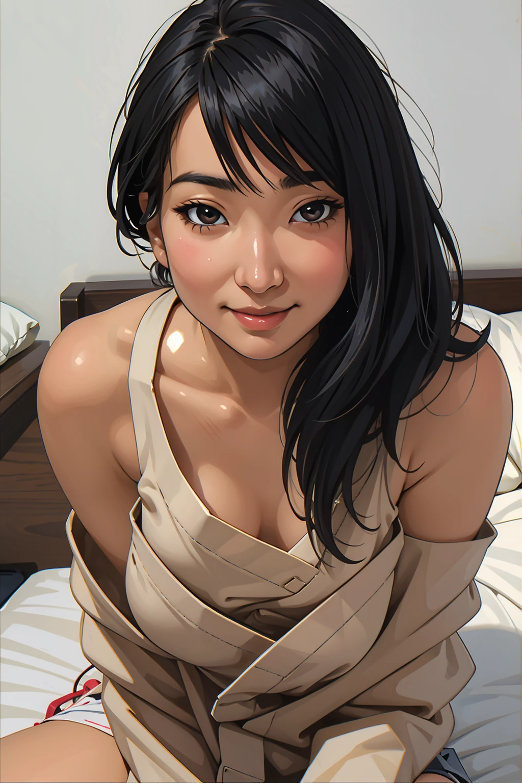 Risa, black haired japanese girl, standing nude in classroom, leaning against blackboard with her back, embarassed, evening time, sunrays through window, ((small breasts)), cute, beautiful, realistic style, highly detailed, 4k, mouth open, seductive expression (((face close-up))), ((golden ratio, center frame)), (((RISA))), face in center of picture ((NUDE))