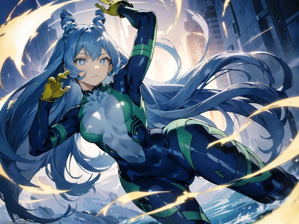 Nejirehadu, Nejire Wave, blue eyes, blue hair, long hair,
壊す blue body suit, body suit, drill hair, gloves, green body suit, multicolored body suit, colorful clothes, yellow gloves,
((壊す full body)),squat，spread your legs，arms up behind，
break white background，Break from below，looking down，lower your gaze，
breaking dynamic shot，kung fu pose，highest quality, High resolution, unity 8k wallpaper, (shape:0.8), (beautiful and detailed eyes:1.6), highly detailed face, perfect sentence, Detailed CG, (perfect hands, perfect anatomy),