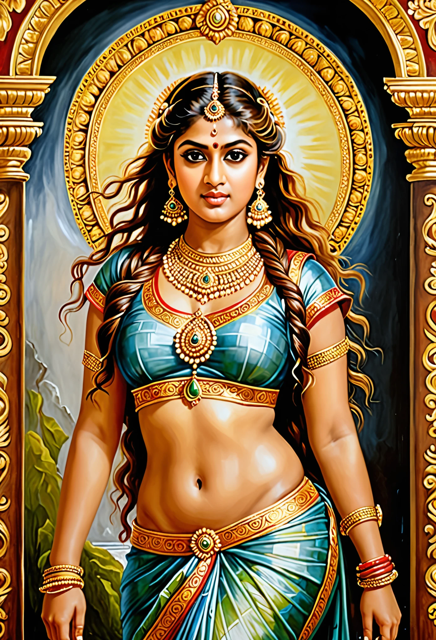 Looks like Nayanthara, exotic Indian art, oviyar maruthi style painting, Masterpiece, Beautiful Thick Woman, Best quality, high clarity eyes, critically flawless,sharp picture, Full portrait, High pixels, perfect face, perfect eyes, beautiful face, perfect hands,perfect fingers, in Peter Paul Rubens style, by Peter Paul Rubens, baroque style, acrylic on canvas, highly detailed, description: "Create a nymph inspired by the tales of Greek or Roman mythology, embodying the essence of a natural element or location, and possessing a unique ability or trait that sets her apart."