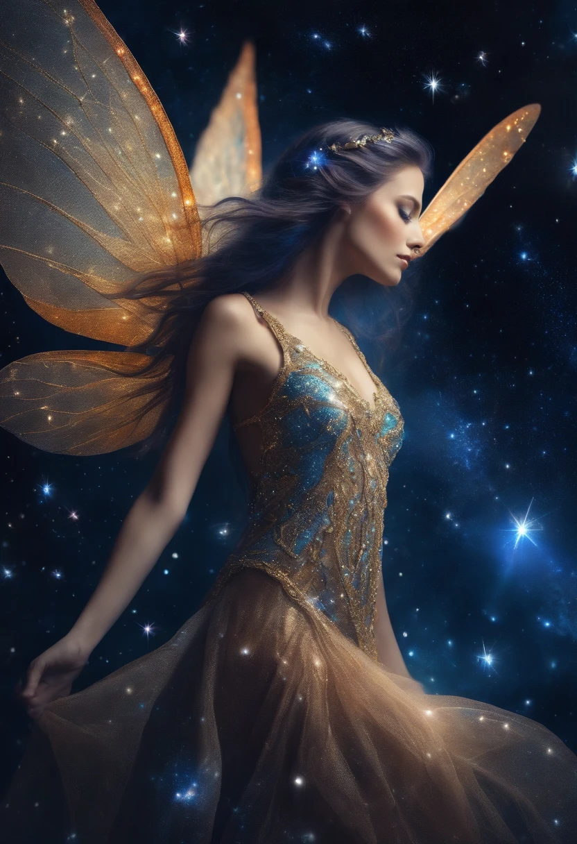 Fairy with wings and long hair and blue sparkles in space 