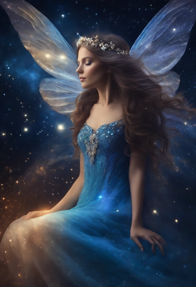 Fairy with wings and long hair and blue sparkles in space