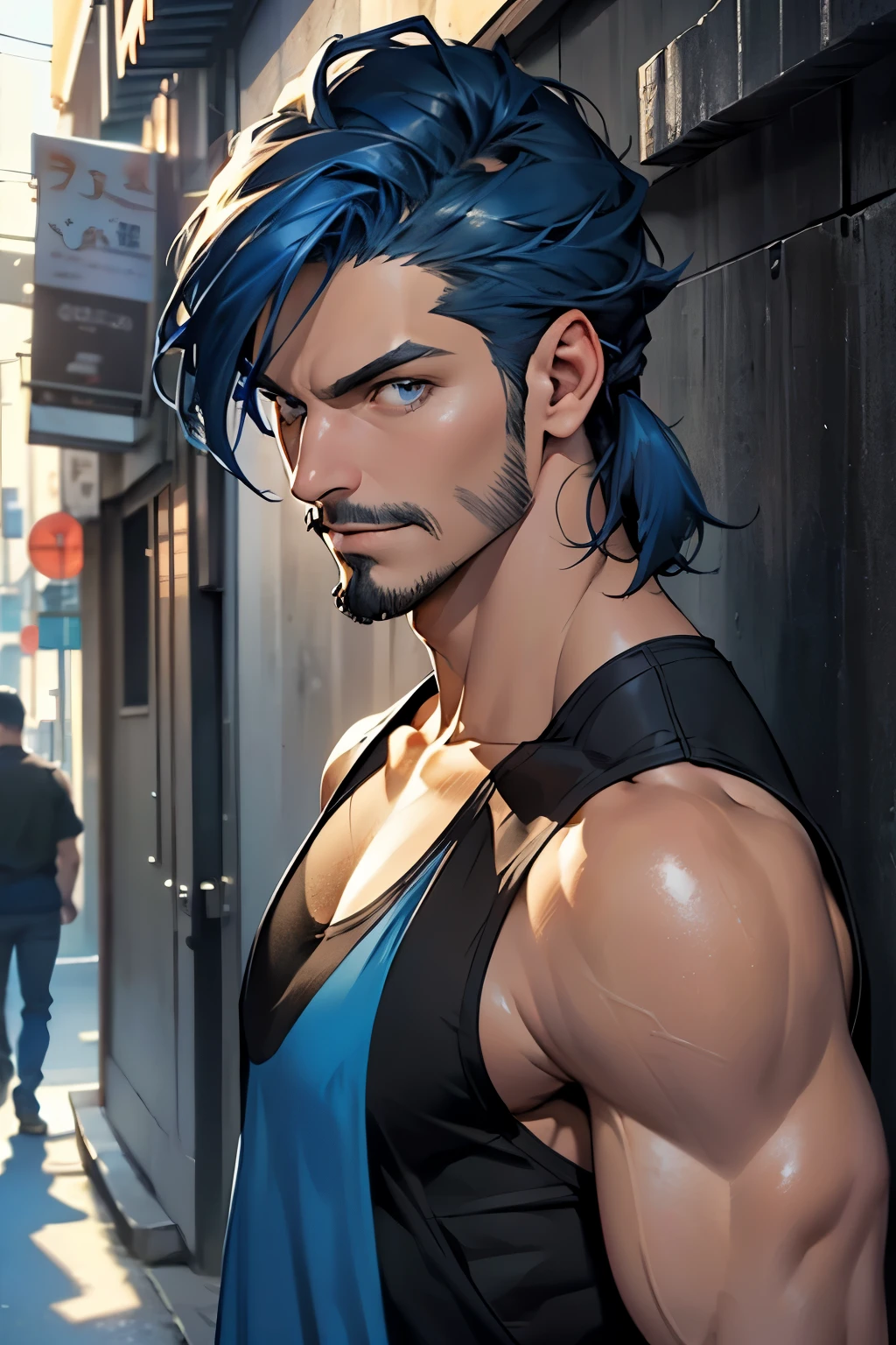 Creative, Photorealism, shiny blue eyes, black techwear, Highest quality, masterpiece, 8K, japanese style, male, mature, tall, epic, (masterpiece:1.8, best quality), (solo, upper body), upper body, waist, facial hair, smirking, casual style, casual street wear, tank top, BREAK, ((brown eyes)), ((blue medium hair)), ((mid length blue hair)), ((face focus)), STRAIGHT POSE