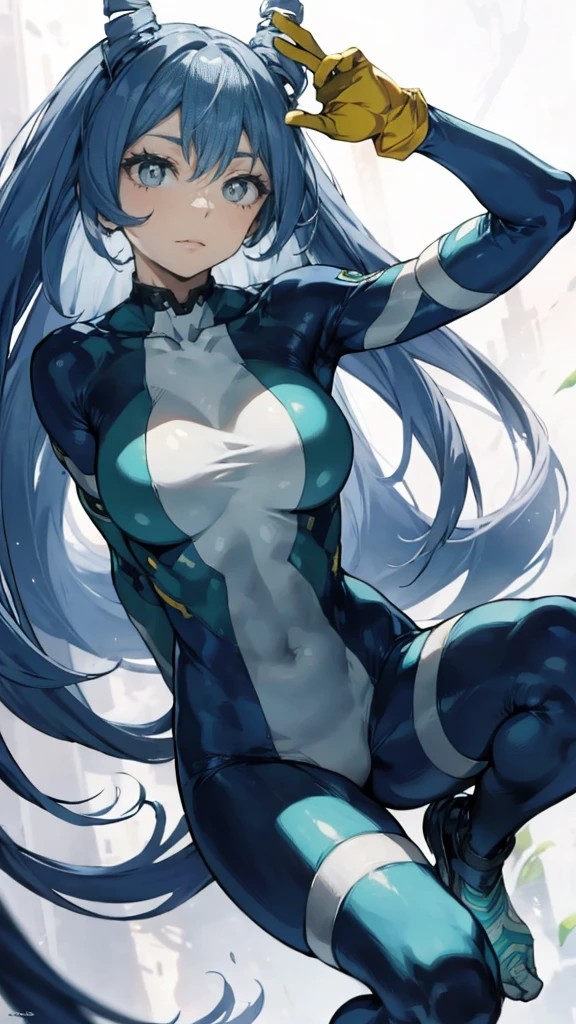 Nejirehadu, Nejire Wave, blue eyes, blue hair, long hair,
壊す blue body suit, body suit, drill hair, gloves, green body suit, multicolored body suit, colorful clothes, yellow gloves,
((壊す full body)),squat，spread your legs，arms up behind，
break white background，Break from below，looking down，lower your gaze，
breaking dynamic shot，kung fu pose，highest quality, High resolution, unity 8k wallpaper, (shape:0.8), (beautiful and detailed eyes:1.6), highly detailed face, perfect sentence, Detailed CG, (perfect hands, perfect anatomy),